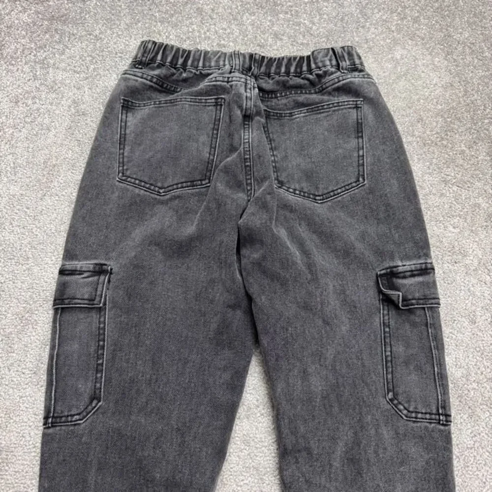 Adika Cargo Jogger Denim Jeans Womens Large Faded Black Acid Wash High Rise Y2K